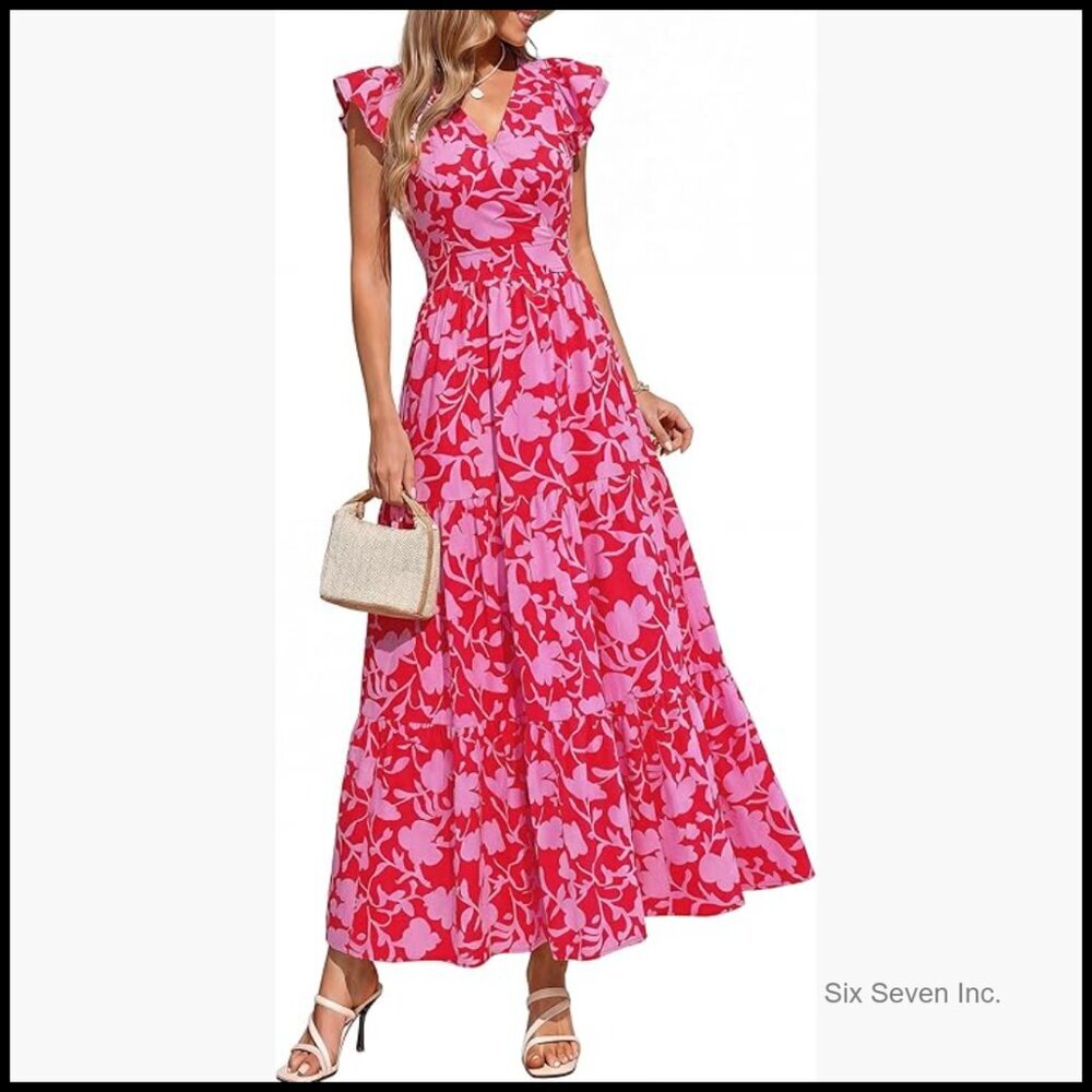 Floral Maxi Dress with Ruffle Sleeves and Pockets